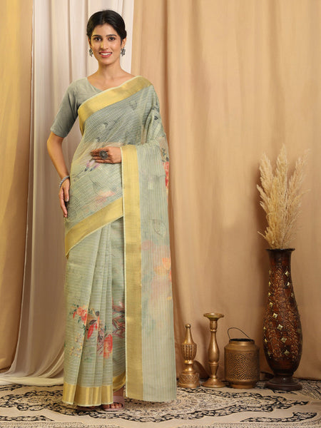 Shivam Fabrics Green Chanderi Fabric Printed Saree
