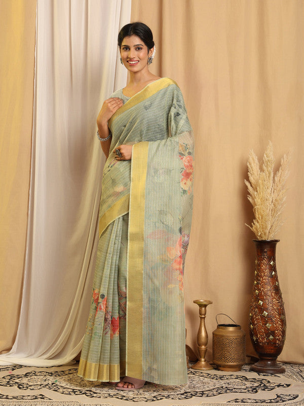 Shivam Fabrics Green Chanderi Fabric Printed Saree