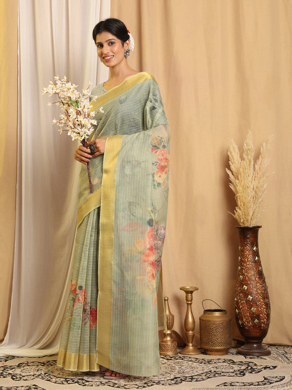 Shivam Fabrics Green Chanderi Fabric Printed Saree