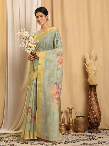 Shivam Fabrics Green Chanderi Fabric Printed Saree - Distacart