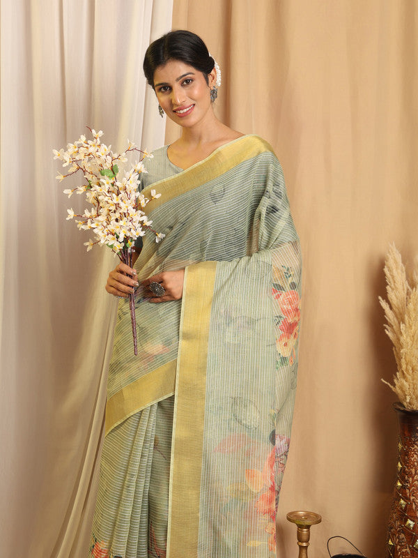 Shivam Fabrics Green Chanderi Fabric Printed Saree