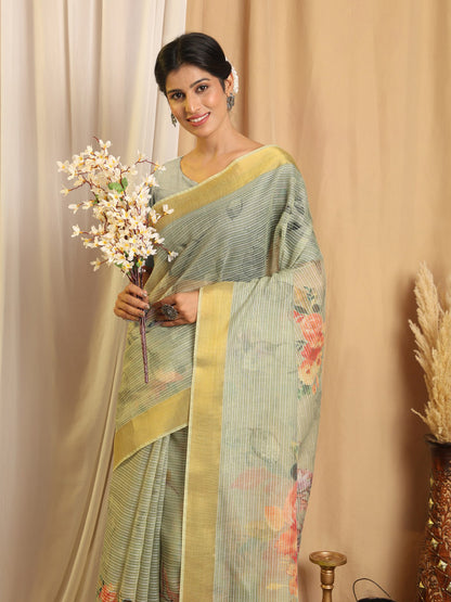 Shivam Fabrics Green Chanderi Fabric Printed Saree - Distacart