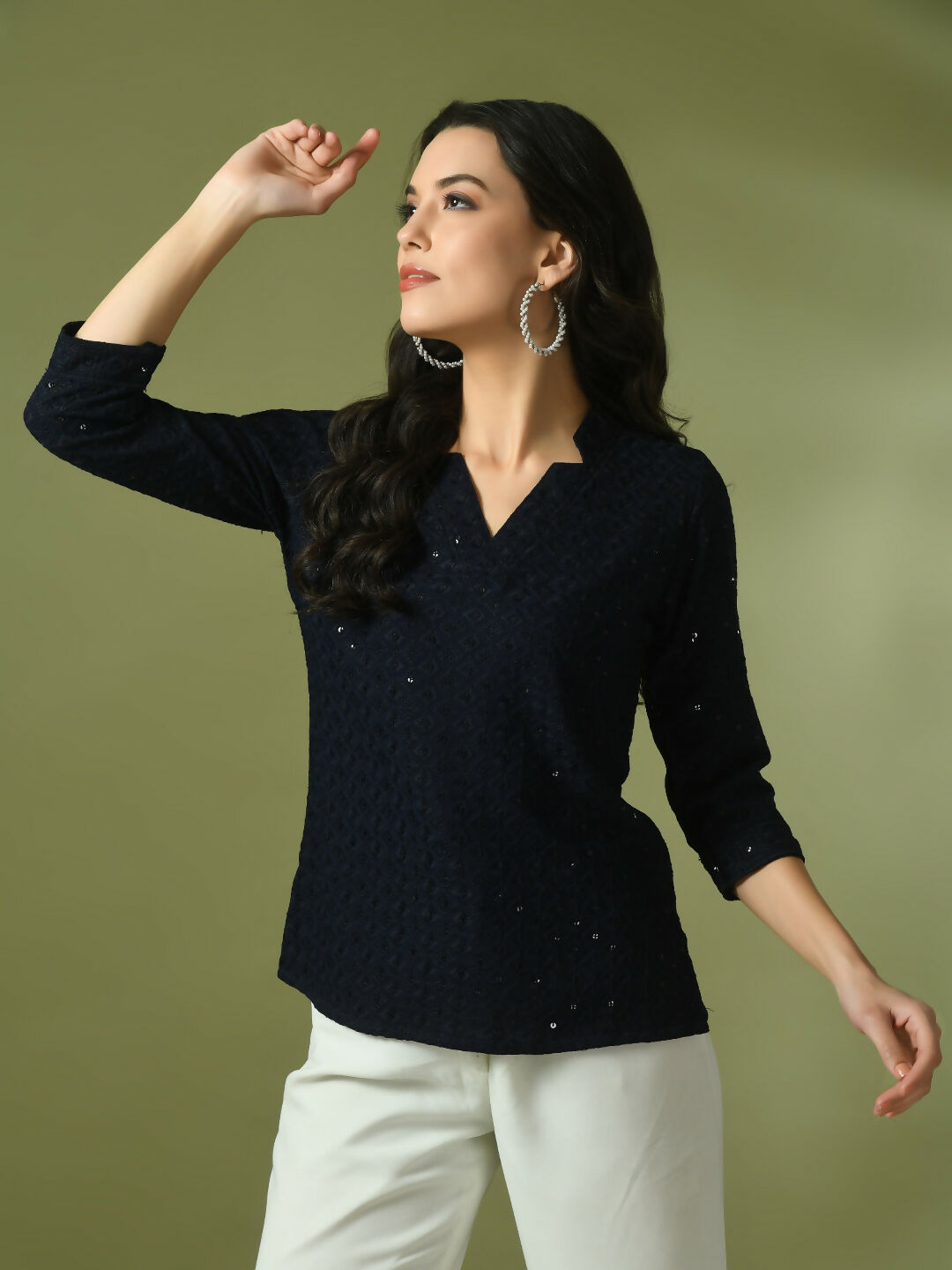 Myshka Women's Navy Blue Embellished Cotton Regular Party Tunic - Distacart
