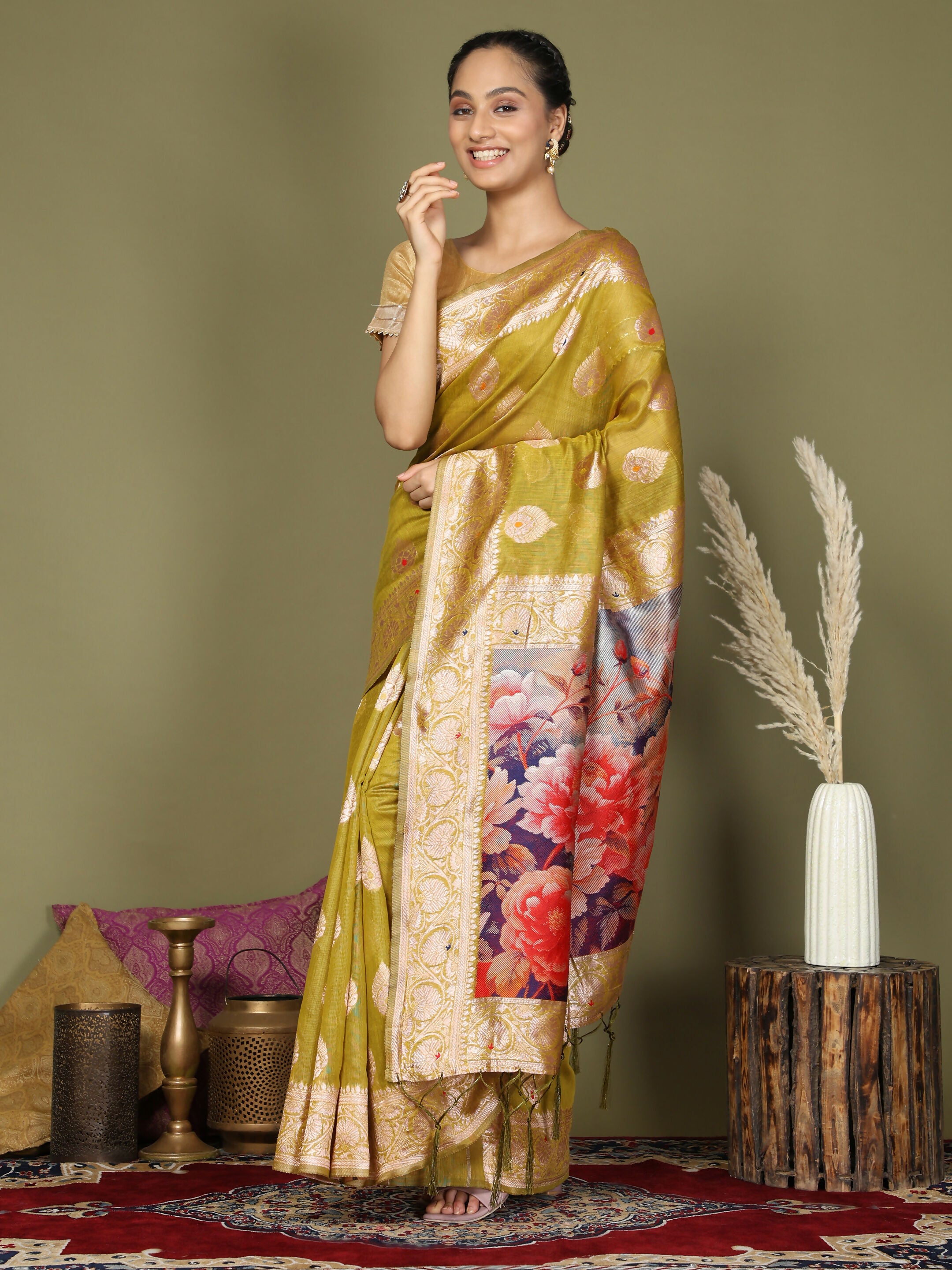 Astita Linen Cotton Mhendi Green Saree