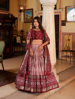 Thumbnail for Vastranavya Occasionaly Tussar Silk Dot And Ikkat Print With Foil Work Lehenga Choli - Maroon - Distacart