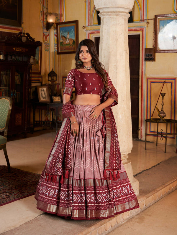 Vastranavya Occasionaly Tussar Silk Dot And Ikkat Print With Foil Work Lehenga Choli - Maroon - Distacart