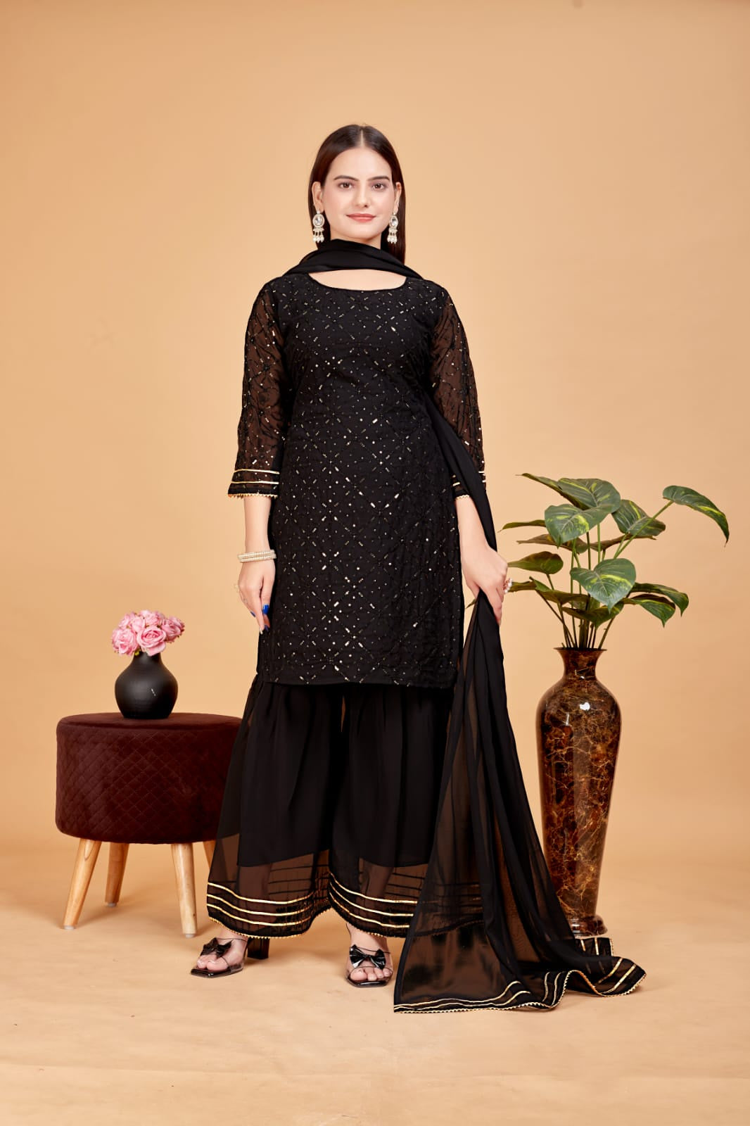 Women's A-Line Black Kurta and Sharara With Dupatta Set - A2M - Distacart