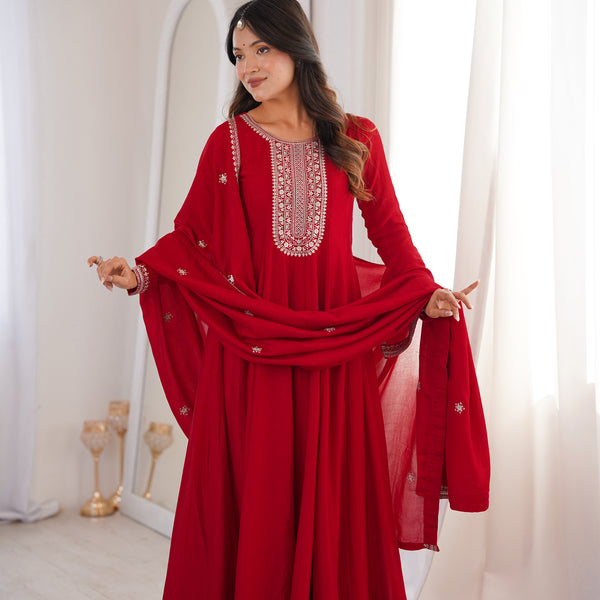 Lorenvalley Fashion Red Vichitra Silk with Full Kali Pattern Embroidery work Anarkali Gown with Dupatta - Distacart