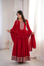 Thumbnail for Lorenvalley Fashion Red Vichitra Silk with Full Kali Pattern Embroidery work Anarkali Gown with Dupatta - Distacart