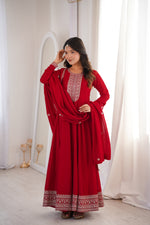 Thumbnail for Lorenvalley Fashion Red Vichitra Silk with Full Kali Pattern Embroidery work Anarkali Gown with Dupatta - Distacart
