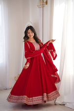 Thumbnail for Lorenvalley Fashion Red Vichitra Silk with Full Kali Pattern Embroidery work Anarkali Gown with Dupatta - Distacart