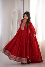Thumbnail for Lorenvalley Fashion Red Vichitra Silk with Full Kali Pattern Embroidery work Anarkali Gown with Dupatta - Distacart