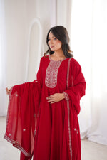 Thumbnail for Lorenvalley Fashion Red Vichitra Silk with Full Kali Pattern Embroidery work Anarkali Gown with Dupatta - Distacart
