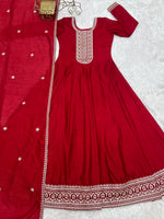 Thumbnail for Lorenvalley Fashion Red Vichitra Silk with Full Kali Pattern Embroidery work Anarkali Gown with Dupatta - Distacart