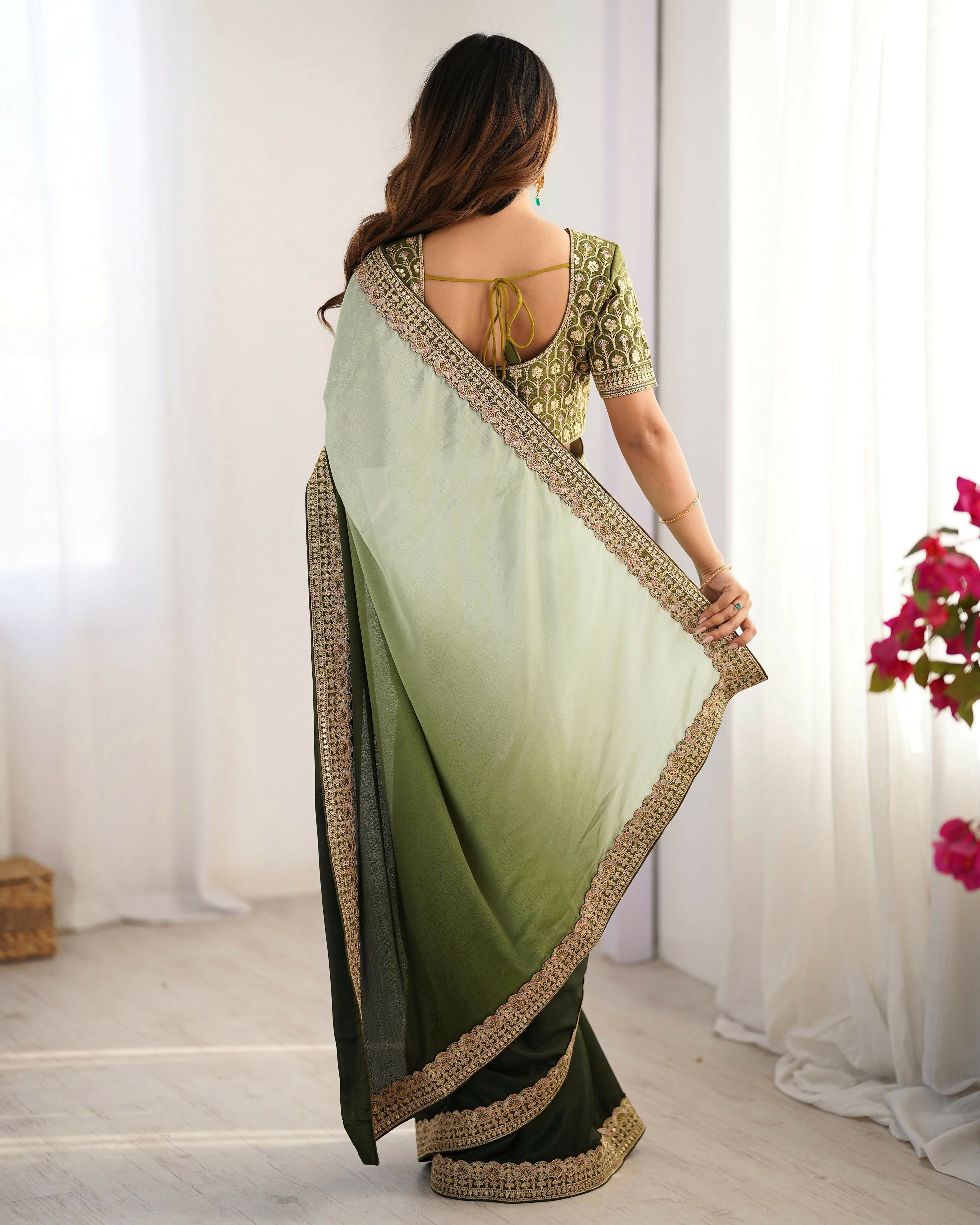 Joban Fashion Light Green & Dark Green Chinon Silk Saree With Thread with Sequins work