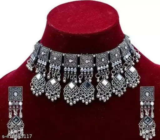 Tehzeeb Creations Women's Silver Colour Oxidised Necklace Set With Mirror Work - Distacart