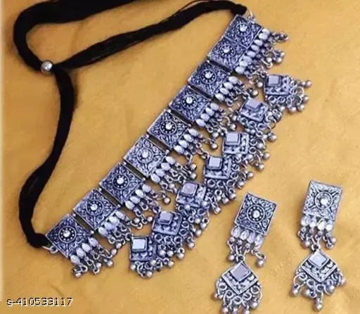 Tehzeeb Creations Women's Silver Colour Oxidised Necklace Set With Mirror Work - Distacart