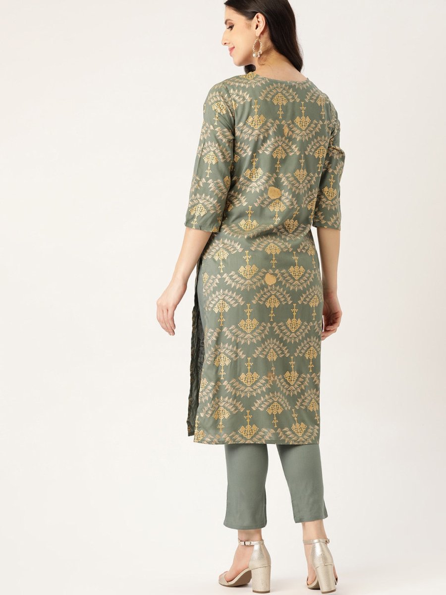 All About You Women Grey & Golden Ethnic Motifs Print Kurta with Trousers - Distacart