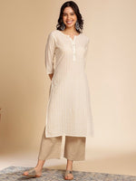 Thumbnail for Anouk Off White Printed Mandarin Collar Cotton Straight Kurta