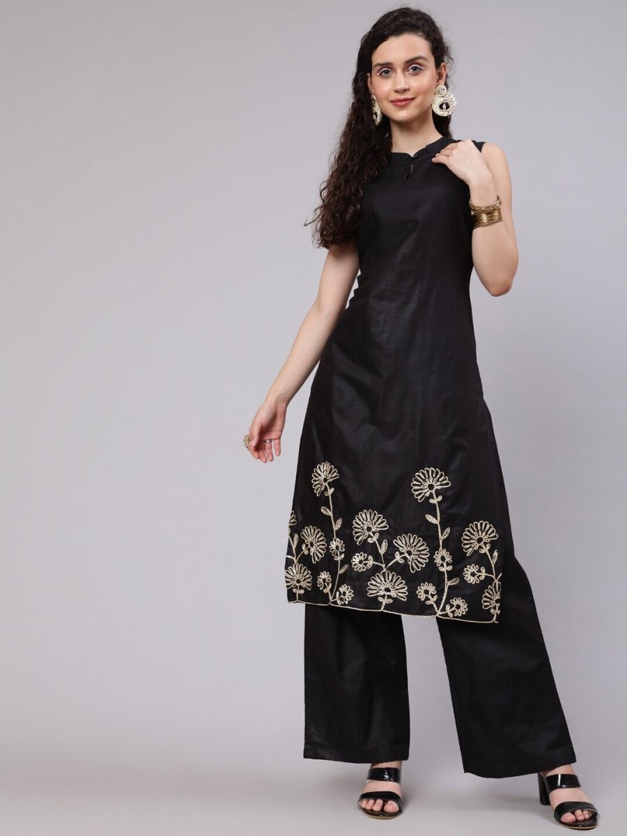 Aks Floral Embroidered Thread Work Straight Kurta With Palazzos - Distacart