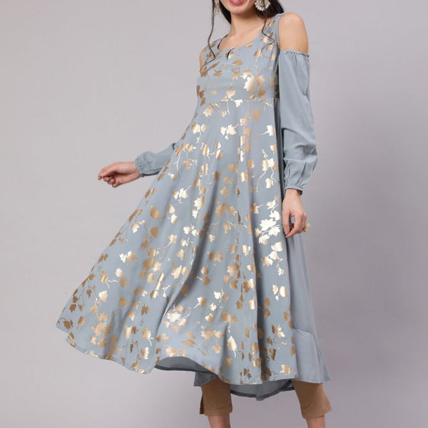 Aks Floral Printed Cold Shoulder Sleeves Pure Georgette Anarkali Kurta - Distacart