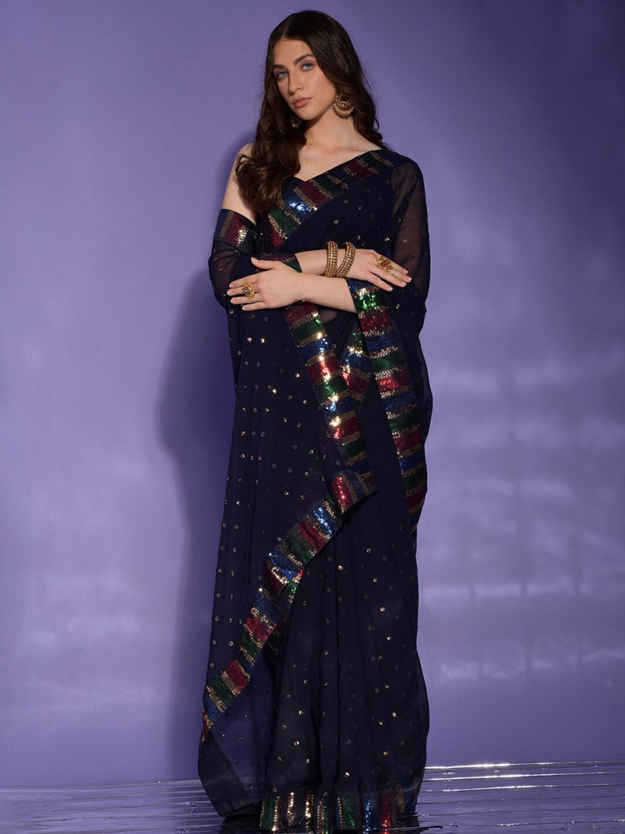 Anouk Navy Blue & Gold-Toned Floral Sequinned Pure Georgette Saree - Distacart