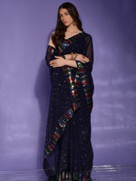 Thumbnail for Anouk Navy Blue & Gold-Toned Floral Sequinned Pure Georgette Saree - Distacart