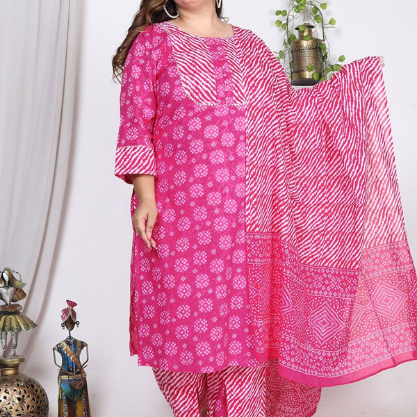 Swasti Plus Size Leheriya Printed Gotta Patti Pure Cotton Kurta With Trousers & Dupatta - Distacart