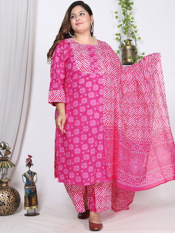 Swasti Plus Size Leheriya Printed Gotta Patti Pure Cotton Kurta With Trousers & Dupatta