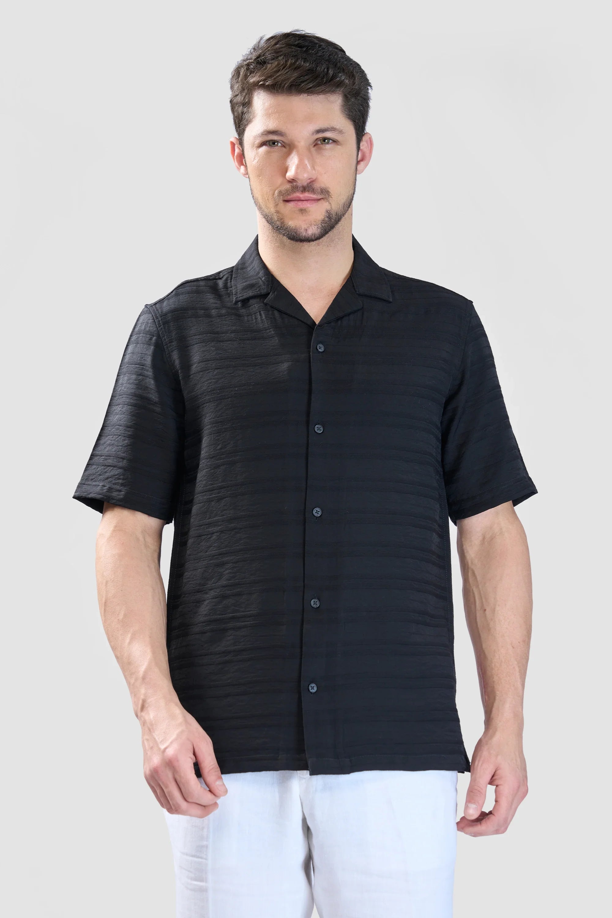 Xkind Black Horizontal Pleated Stripes Relaxed Fit Shirt