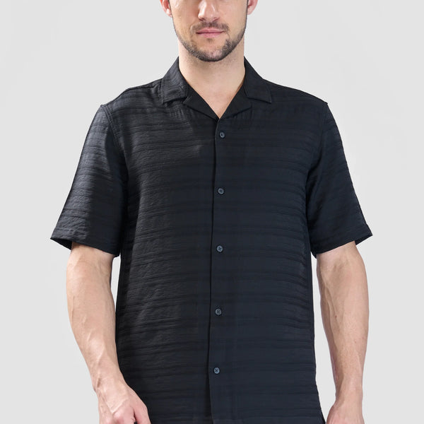 Xkind Black Horizontal Pleated Stripes Relaxed Fit Shirt