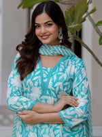 Thumbnail for Anouk Blue Floral Printed V-Neck Aari Work Flared Pure Cotton Anarkali Kurta Set