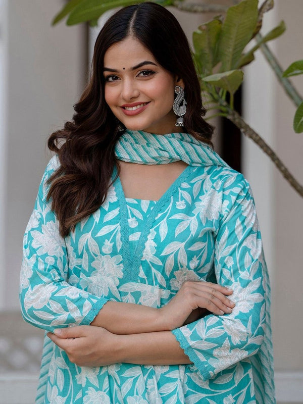 Anouk Blue Floral Printed V-Neck Aari Work Flared Pure Cotton Anarkali Kurta Set