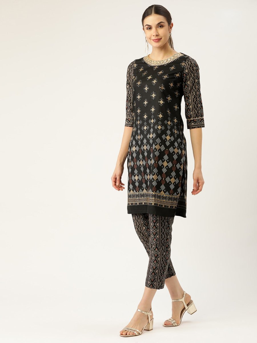All About You Women Black & Golden Printed Sequinned Kurta with Trousers - Distacart