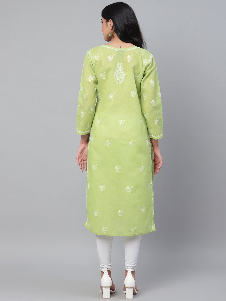 ADA Women Green & White Chikankari Hand Embroidered Straight Sustainable Handloom Kurta - Distacart