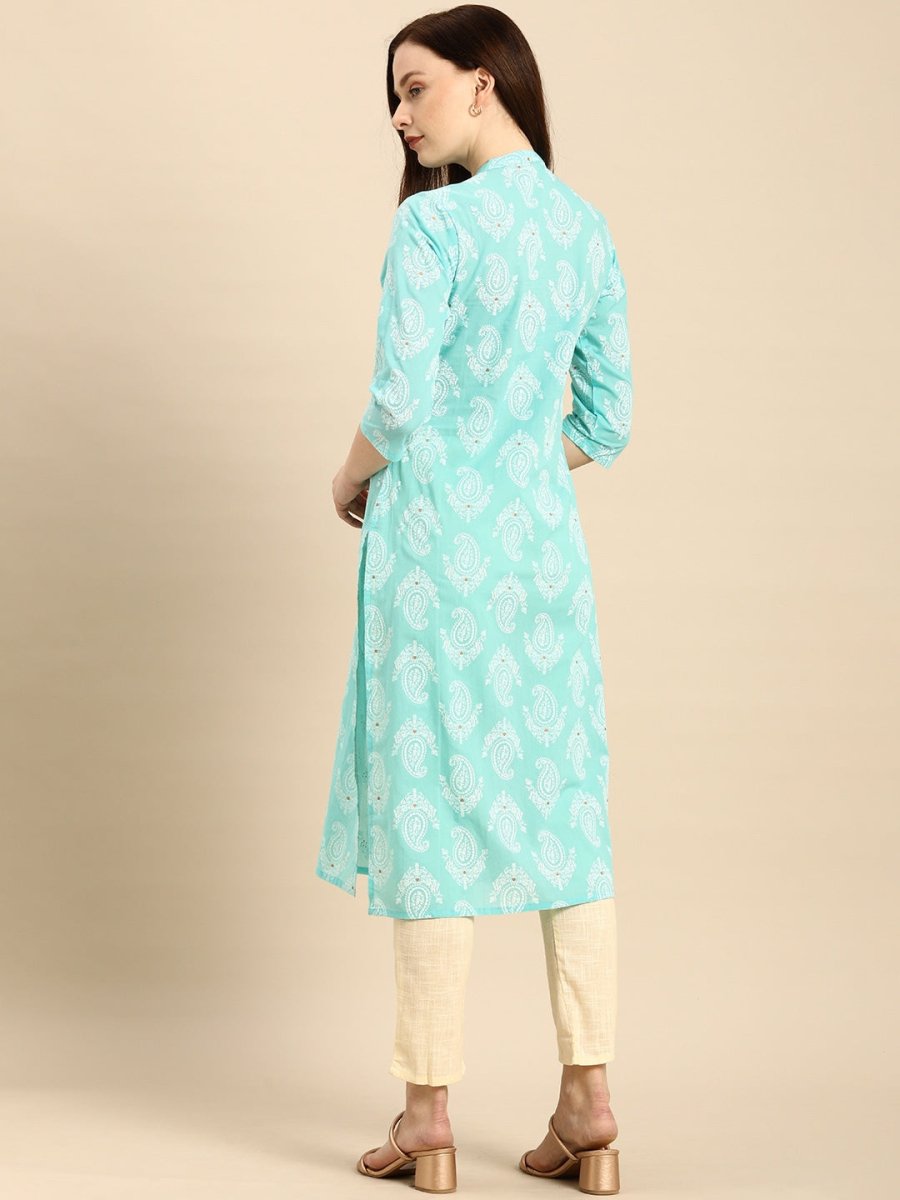 All About You Women Turquoise Blue & White Printed Pure Cotton Straight Kurta - Distacart