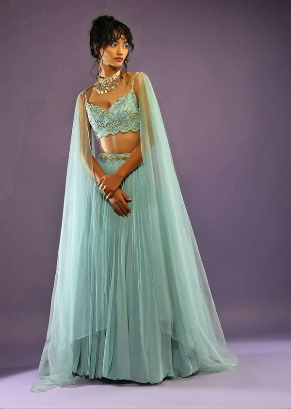 Jyoti Fashion Glamorous Turquoise Crush Work, Sequins, Zari with Dori Embroidered Faux Georgette Lehenga Choli with Dupatta - Distacart