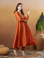 Thumbnail for The52 Orange Women's Beautiful Vichitra Silk Fabric Embroidered Work Flared Anarkali Pant and Dupatta Set - Distacart