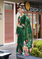 Thumbnail for Anaita Dark Green Designer Printed Pure Georgette Saree With Blouse - Distacart