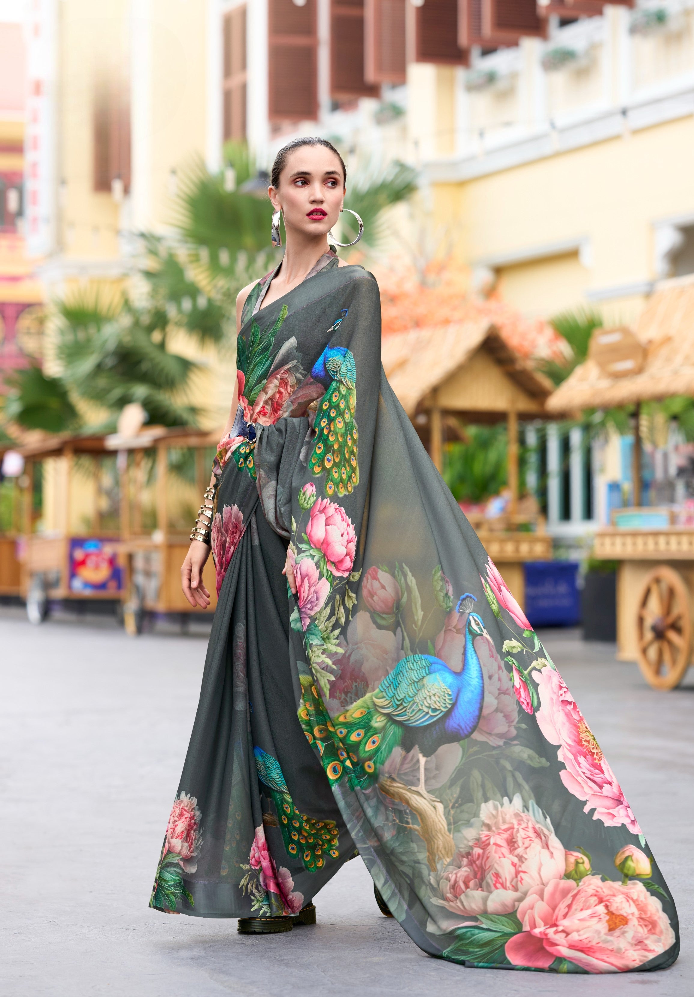Anaita Grey Designer Printed Pure Georgette Saree With Blouse - Distacart