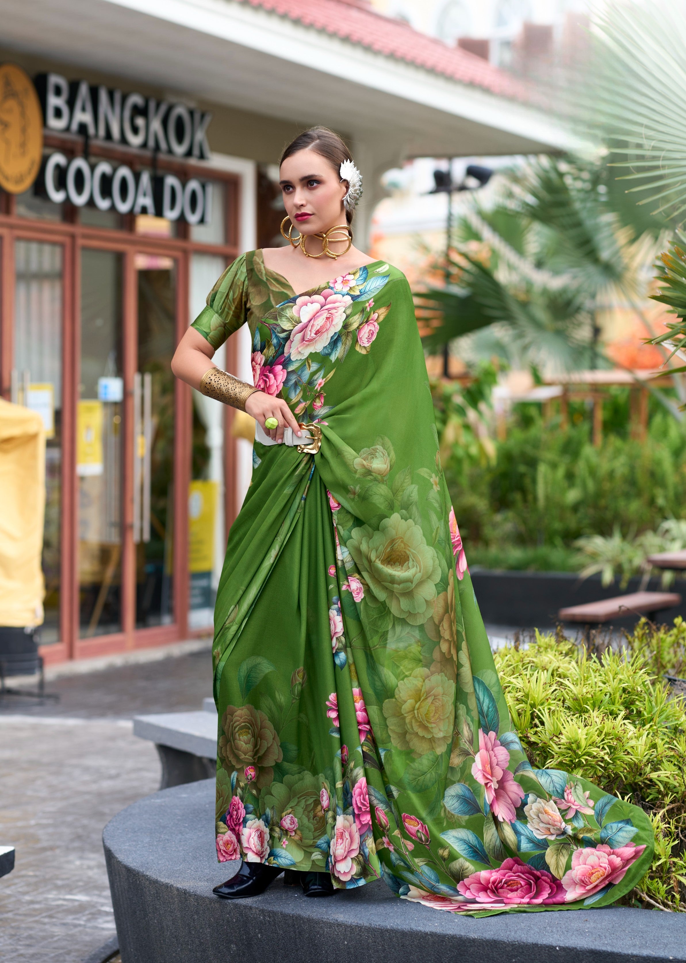 Anaita Green Designer Printed Pure Georgette Saree With Blouse - Distacart