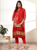 Thumbnail for Yufta Red Gajji Silk Zari_Work Kurta Dupatta Pant Set - Distacart