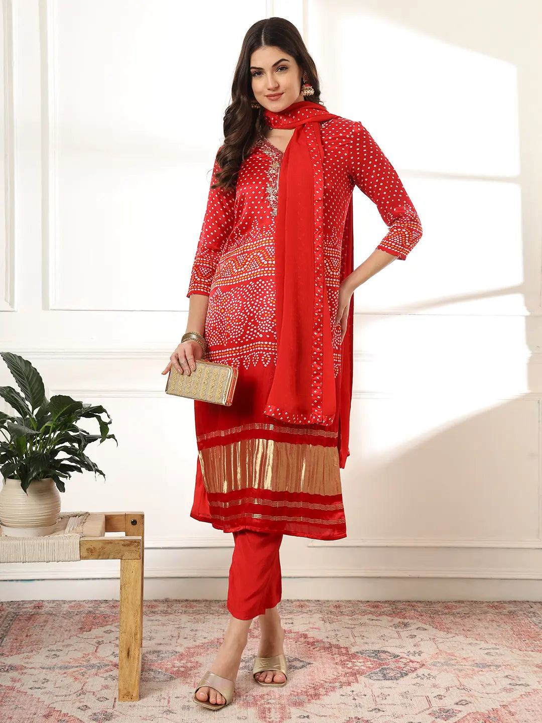 Yufta Red Gajji Silk Zari_Work Kurta Dupatta Pant Set - Distacart