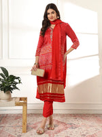 Thumbnail for Yufta Red Gajji Silk Zari_Work Kurta Dupatta Pant Set - Distacart