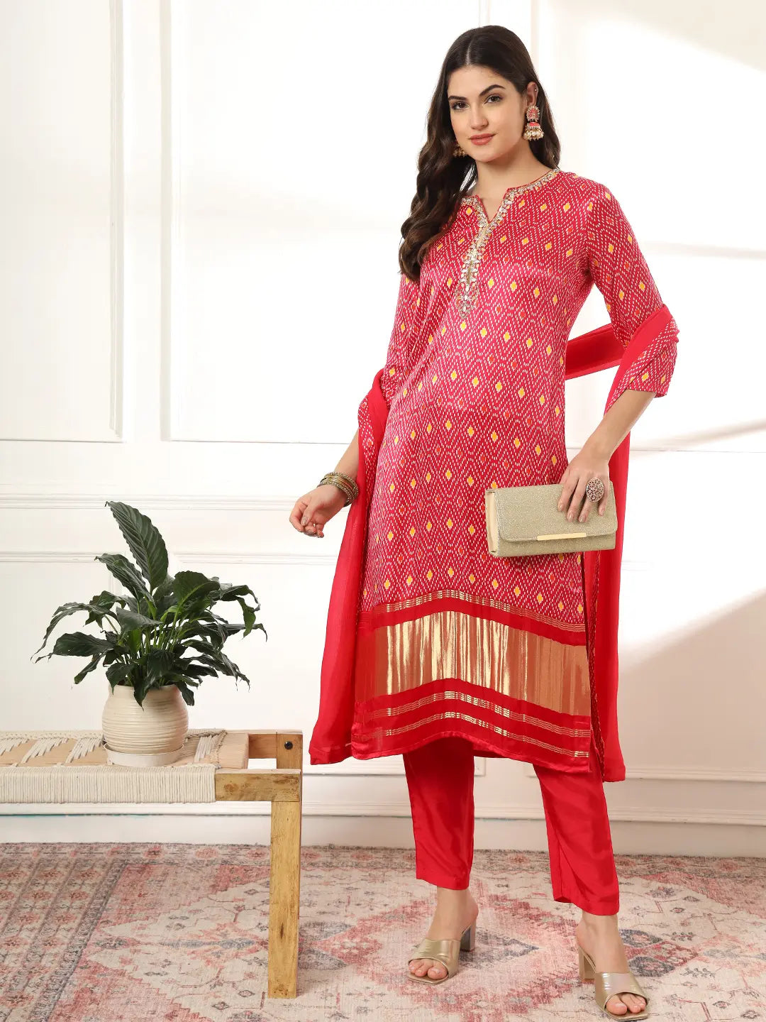 Yufta Pink Gajji Silk Zari_Work Kurta with Trousers with dupatta Set - Distacart