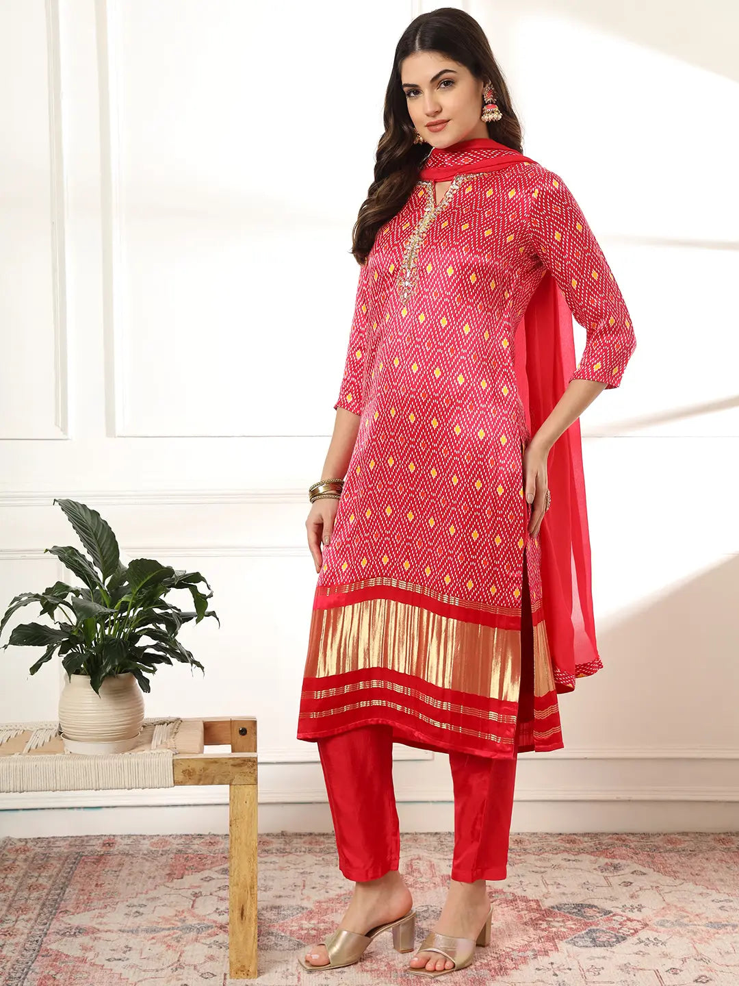 Yufta Pink Gajji Silk Zari_Work Kurta with Trousers with dupatta Set