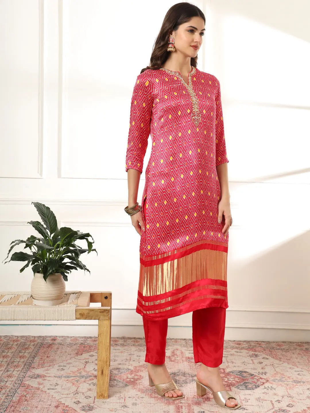 Yufta Pink Gajji Silk Zari_Work Kurta with Trousers with dupatta Set