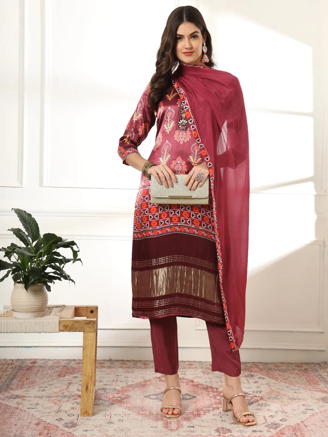 Yufta Burgundy Gajji Silk Kurta Dupatta Pant Set - Distacart