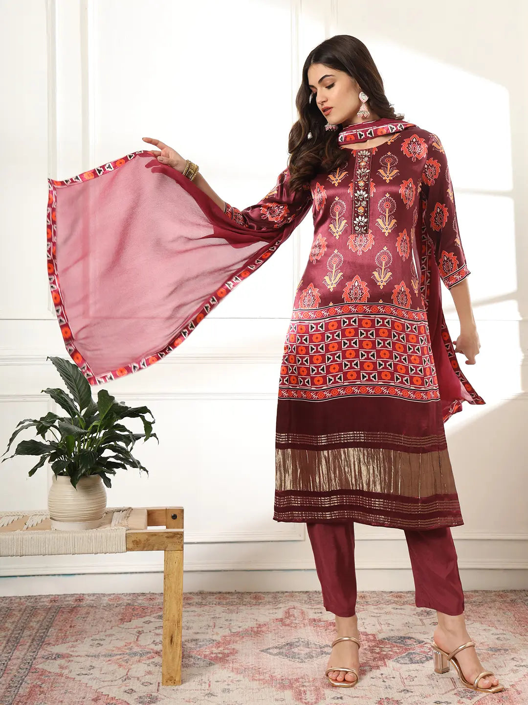 Yufta Burgundy Gajji Silk Kurta Dupatta Pant Set - Distacart