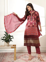 Thumbnail for Yufta Burgundy Gajji Silk Kurta Dupatta Pant Set - Distacart